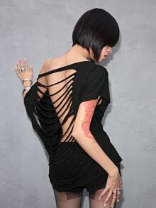 ROMWE Grunge Punk Áo thun dáng rộng, thiết kế đinh tán hình chữ thập phong cách Y2K Punk, cắt laser, màu trơn, đa năng. - màu đen - Xem 2