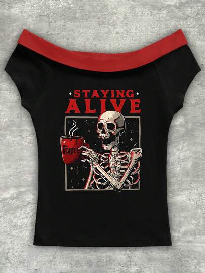 Y2Kool Eduely Women's Skull Graphic Cropped Tight Fit T-Shirt, Colorblock, Sexy Y2K Street Style, Spring/Summer