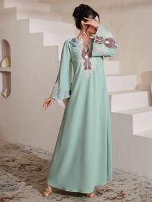 Al Najma Women's Elegant Embroidered Loose V-Neck Long Sleeve Kaftan Robe - Green - View 5