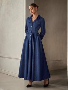 Selenza 女士长袖单排扣休闲牛仔衬衫裙 - 藍色 - 查看 4