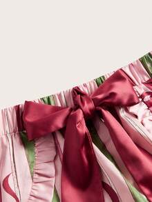 SHEIN Unity Pink Stripe Summer Cute Lounge Satin Pyjama Set,Bow Front Frill Hem Bralet Top & Mini Shorts Multipack,Christmas New Year Winter Cosy Girly Sleepwear - Multicolor - View 7