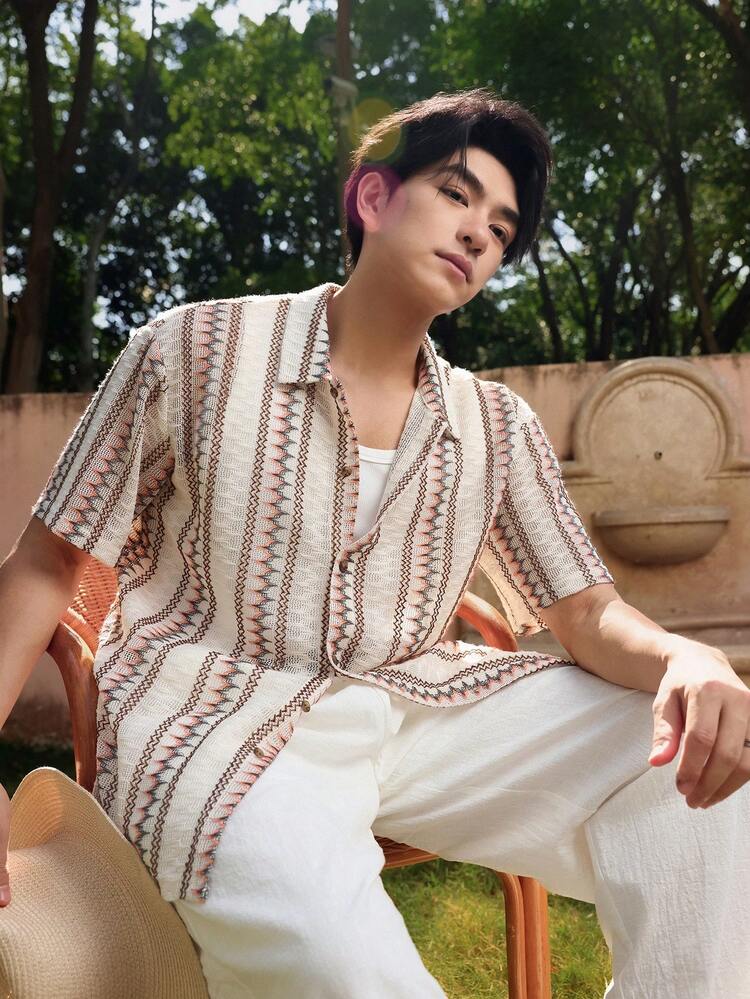 Men's Striped Short Sleeve Casual Shirt, Summer