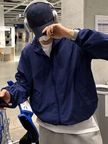 DAZY Navy Blue Hooded Loose Hem Drawstring Design Men's Jacket And Coat, Spring - Navy Blue - View 1