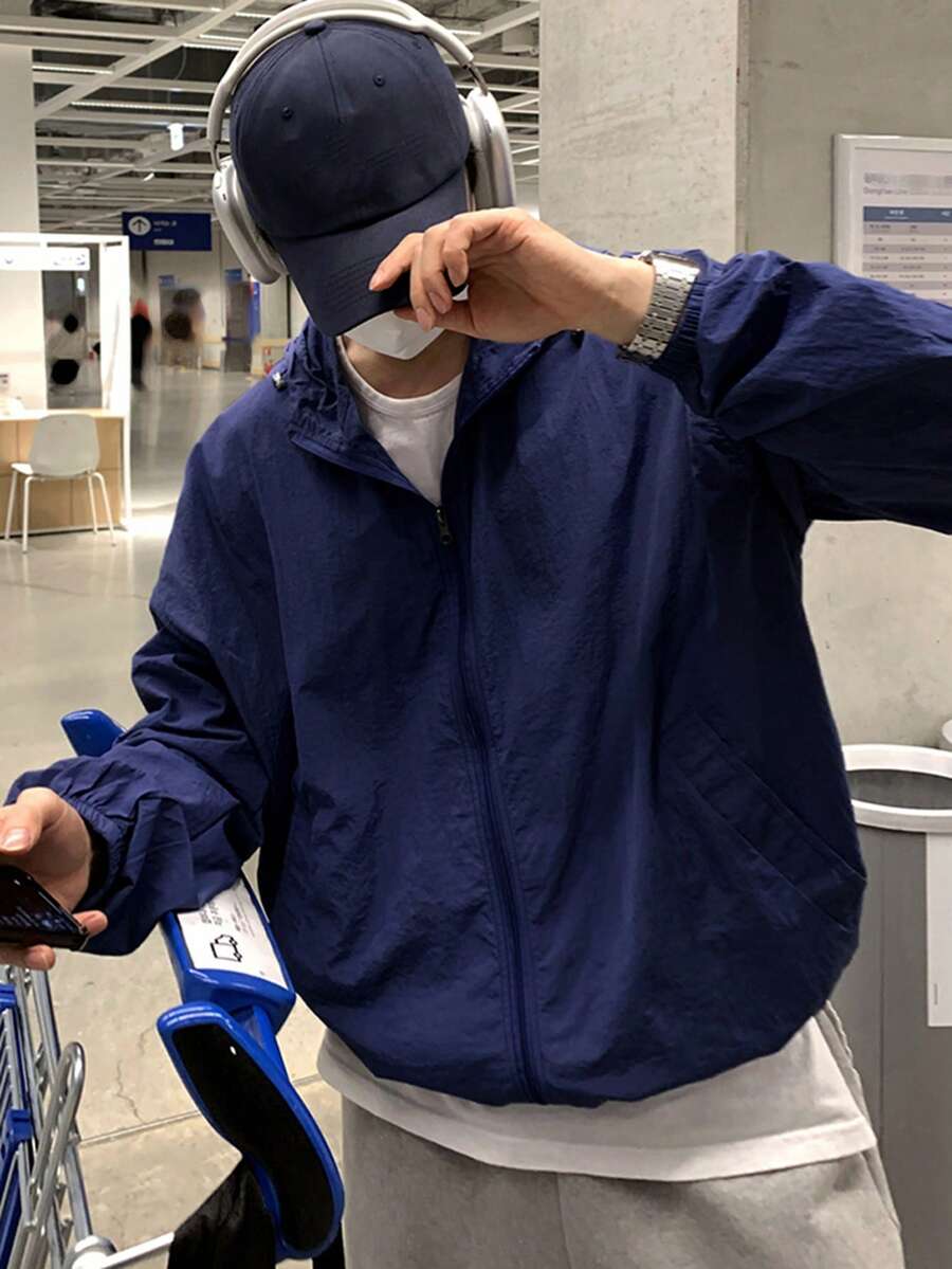 DAZY Navy Blue Hooded Loose Hem Drawstring Design Men's Jacket And Coat, Spring - Navy Blue - View 1