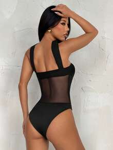 SHEIN PETITE Women's Black Opaque Halter Backless Bodysuit, Suitable For Music Festival, Party, Vacation, Outfits, Summer Clothes, Women,Halloween ,Petite Women - Black - View 7