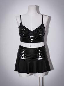 3pcs Fashionable Eyelet Strap Ribbon Tie Sexy Lingerie Set - Black - View 8