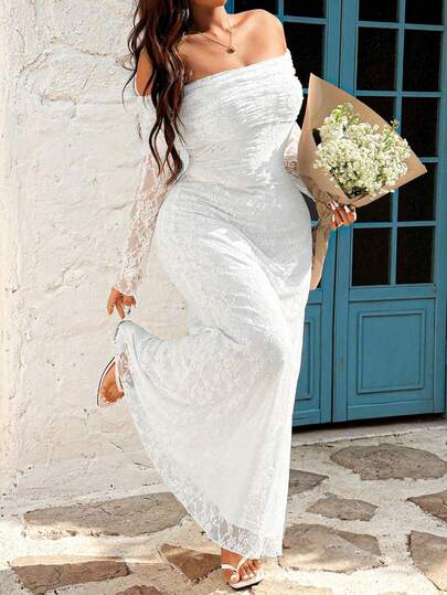 Sunnyshic Plus Size Women White Lace Off-Shoulder Mermaid Dress, Fitted Sexy Fashion, Spring/Summer