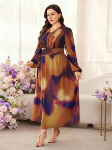 Modelyn 大码女式V领打结扎染印花长袖优雅连衣裙 - 彩色 - 查看 8