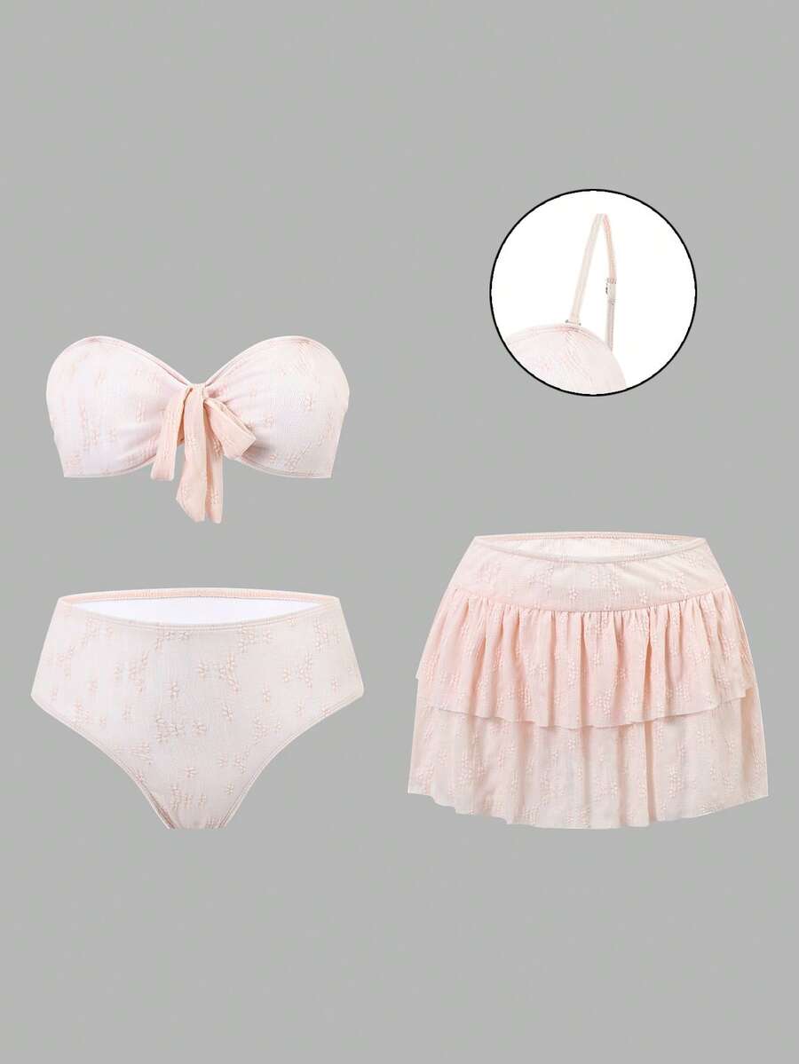 Sweetra Conjunto de bikini de 3 piezas talla grande para mujer 2026, traje de baño de verano minimalista para la playa - Rosa - Ver 1