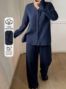 DAZY Comfortable Home Textured Chiffon Fabric Lace Trim Loose Women Pajama Set - Navy Blue - View 3