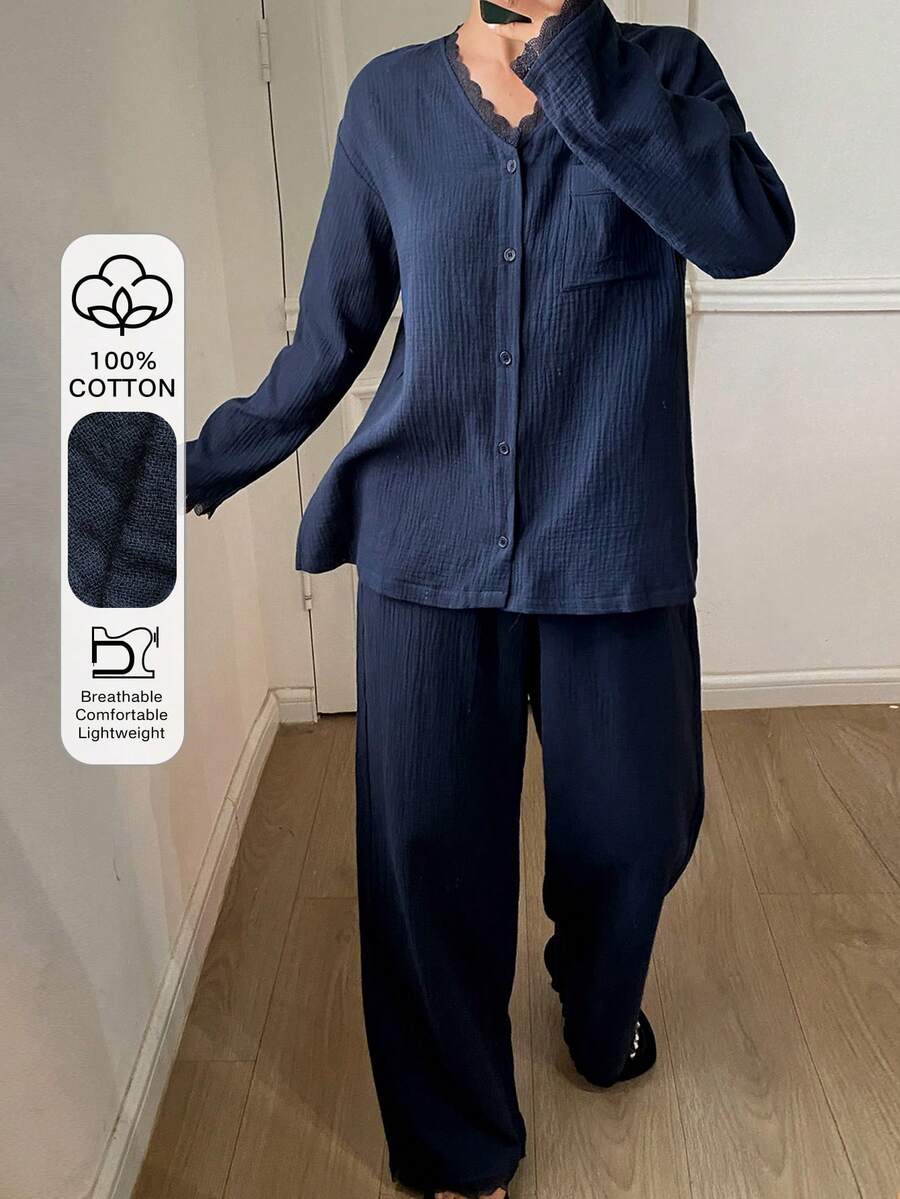 DAZY Comfortable Home Textured Chiffon Fabric Lace Trim Loose Women Pajama Set - Navy Blue - View 1