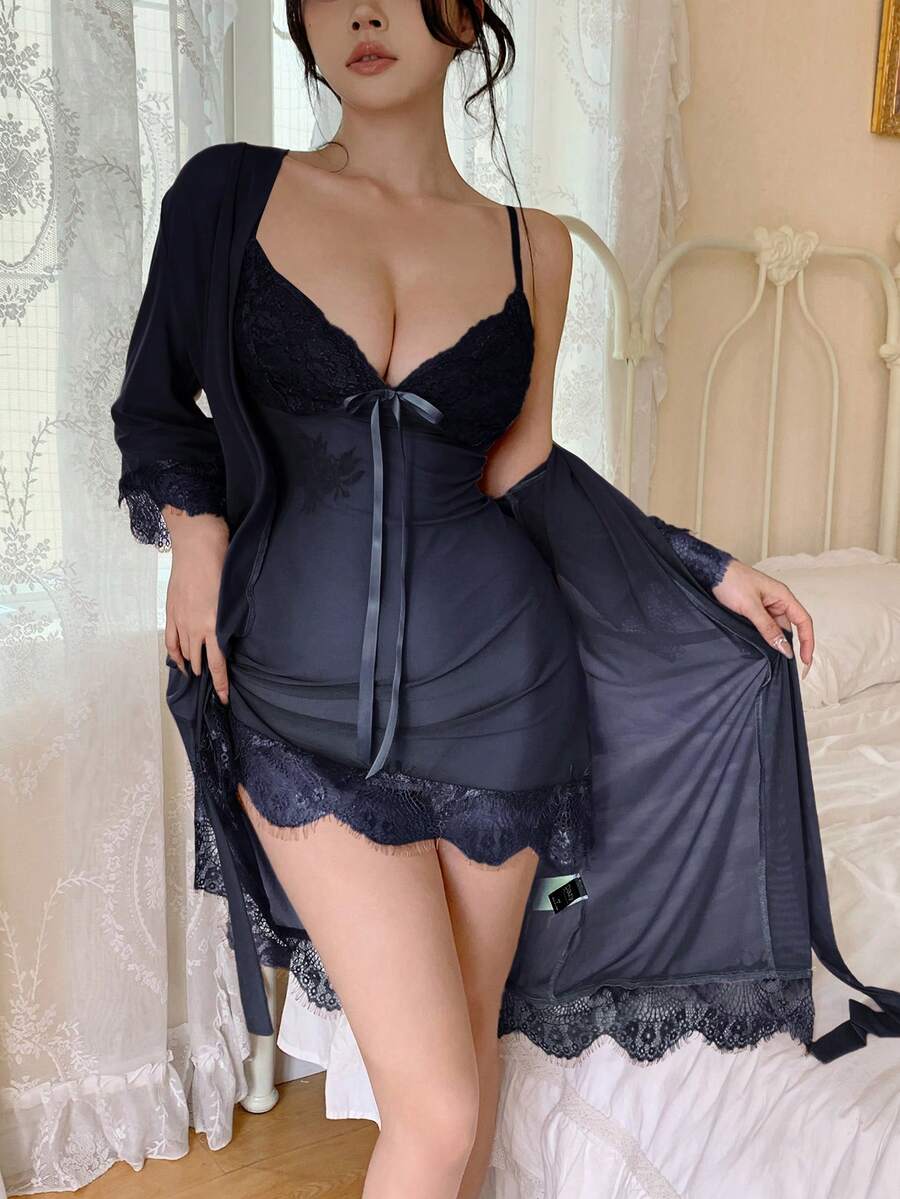 DAZY 2件套撞色蕾丝网纱性感睡袍吊带裙睡衣套装（女士款） - 藏蓝色 - 查看 1