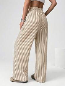 SHEIN EZwear 女士条纹织字刺绣阔腿裤 条纹裤 夏季女裤 条纹牛仔裤 阔腿夏季裤 - 卡其色 - 查看 2