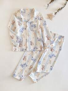 男童睡衣套装 - 两件套睡衣，蓝色动物印花，长袖翻领纽扣上衣，松紧腰长裤，柔软轻盈，四季皆宜，2026年假日必备礼物，可爱卡通简约风 - 彩色 - 查看 6