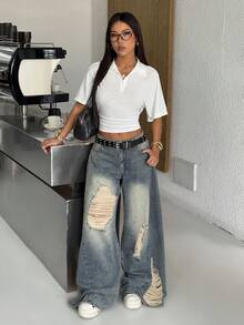 SHEIN EZwear Quần jeans nữ ống rộng dáng suông, có túi, kiểu dáng thường ngày, chất liệu denim. - Rửa tối - Xem 5