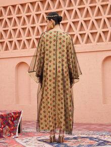 Al Najma Vestido árabe holgado con estampado floral, cuello con muesca y mangas acampanadas de malla, estilo modesto de vacaciones - Amarillo - Ver 3