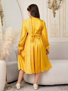 Tween Girls' Middle Eastern Arabic Princess Party Dress, Luxurious Elegant Golden Glitter & Metallic Ribbon Decor - Yellow - View 2