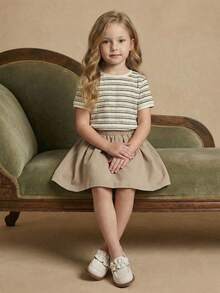 PrepCrw 2pcs Young Girls Elegant Urban Preppy Versatile Round Neck Black White Striped Short Sleeve Fitted T-Shirt And Khaki Cargo Mini Skirt Set, Suitable For Casual, Outings, Gatherings, Festivals, Spring, Summer, Autumn Khaki Skirt For Kids Girls Neutral Dress Skirt Two Piece Set Kids Khaki Dresses For Girls Little Girls Beige Dress - Multicolor - View 1