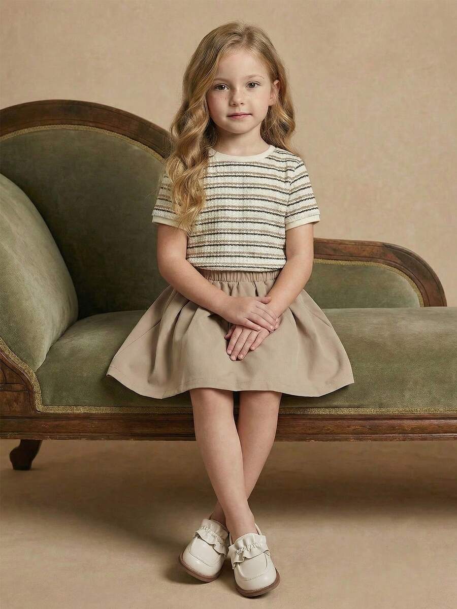 PrepCrw 2pcs Young Girls Elegant Urban Preppy Versatile Round Neck Black White Striped Short Sleeve Fitted T-Shirt And Khaki Cargo Mini Skirt Set, Suitable For Casual, Outings, Gatherings, Festivals, Spring, Summer, Autumn Khaki Skirt For Kids Girls Neutral Dress Skirt Two Piece Set Kids Khaki Dresses For Girls Little Girls Beige Dress - Multicolor - View 1