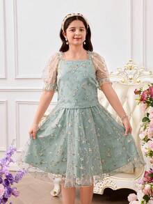 少女花卉刺绣网纱方领泡泡袖时尚派对连衣裙 - 綠色 - 查看 5