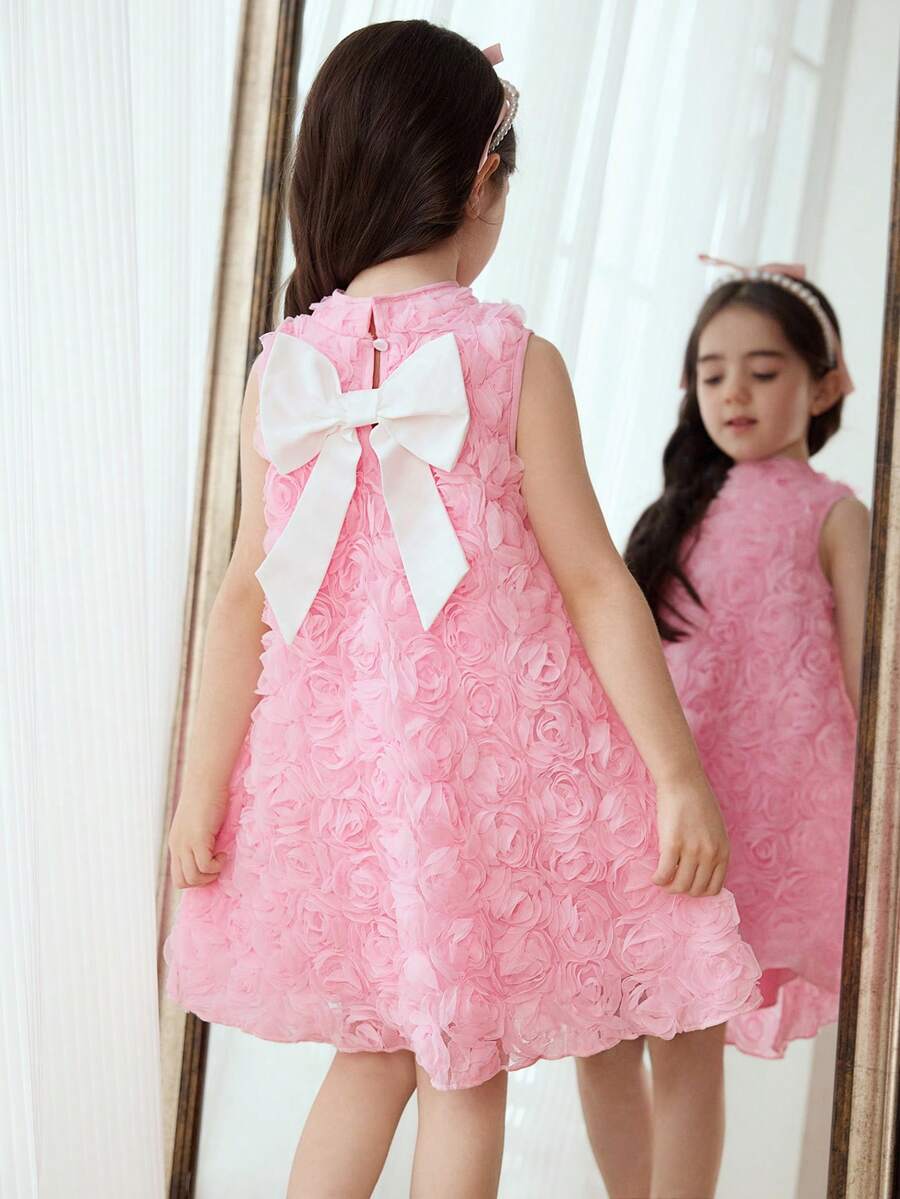 Elladie kids فستان أنيق فضفاض بقصة A من قماش مزخرف بالزهور بياقة مستديرة للفتيات الصغيرات - وردي - مشاهدة 1