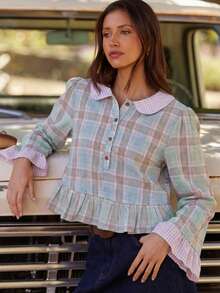 WESTFADE Mixed Plaid & Gingham Collared Button Front Tiered Ruffle Boxy Fit Top Fall, Autumn, Winter, Boho, Casual, Cute, Western Wear, Country - Baby Blue - View 1