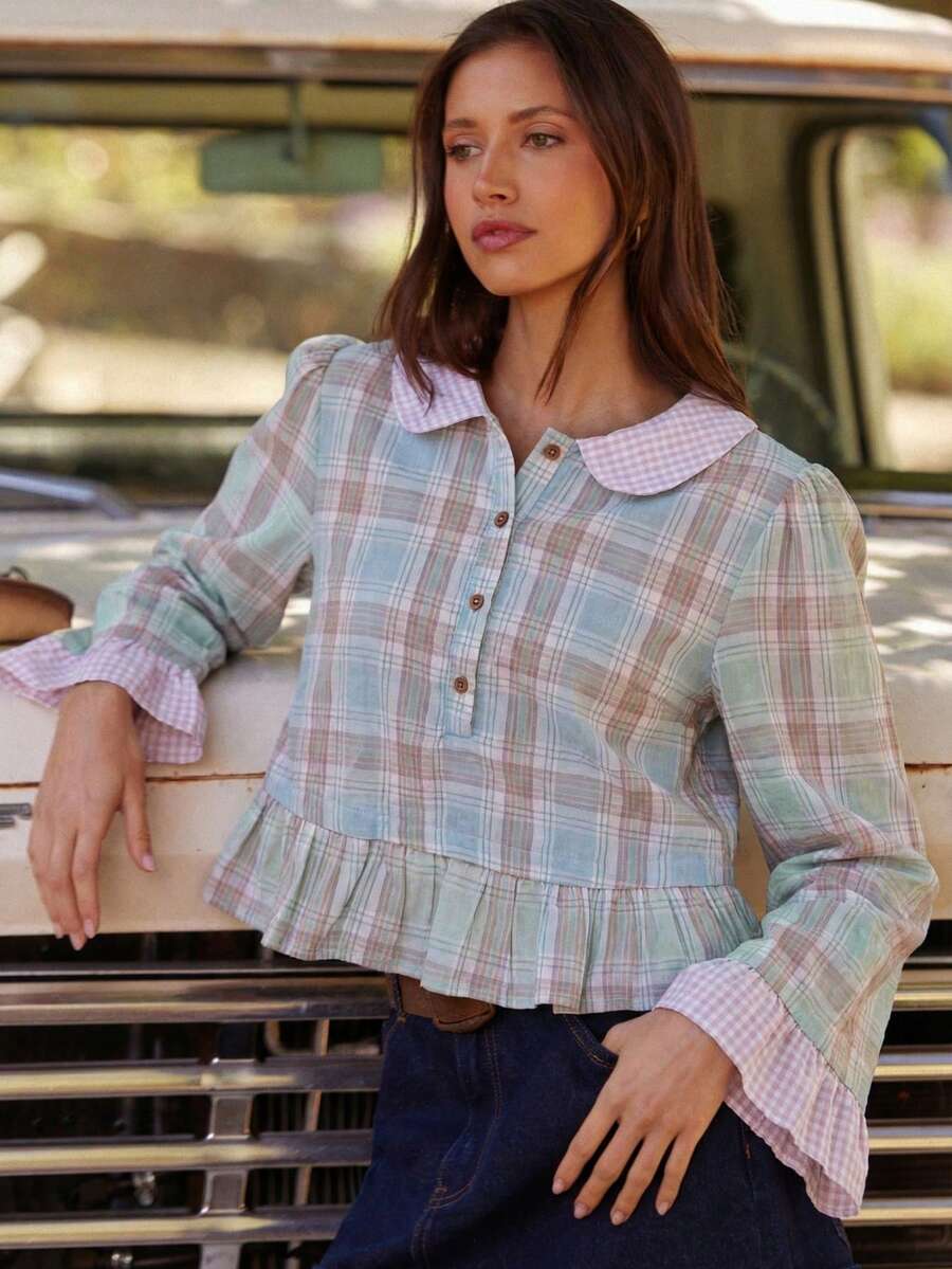 WESTFADE Mixed Plaid & Gingham Collared Button Front Tiered Ruffle Boxy Fit Top Fall, Autumn, Winter, Boho, Casual, Cute, Western Wear, Country - Baby Blue - View 1