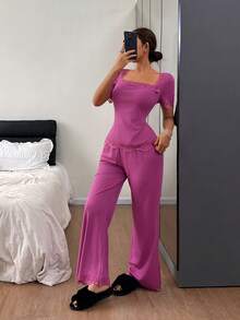 SHEIN 女士方领蕾丝拼接短袖喇叭腿睡衣套装 - 玫紅色 - 查看 6