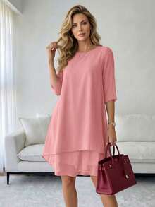 Miaspire Đầm voan màu trơn thanh lịch dài ngang gối dành cho nữ, đầm dáng rộng mùa xuân/hè, đầm xếp lớp, đầm màu trơn, đầm bất đối xứng, trang phục thường ngày cho nữ mùa xuân hè. - Bụi hồng - Xem 8