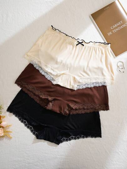 PetitDoll 3-Pack Plus Size Women Casual Ruffled Waist Lace Trim Ribbed Boyshort Panties