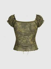 ROMWE Áo thun nữ dáng ôm cổ chữ V phong cách hippie cổ điển với nơ trang trí và họa tiết hoa nhí tương phản. - Nhiều màu - Xem 2