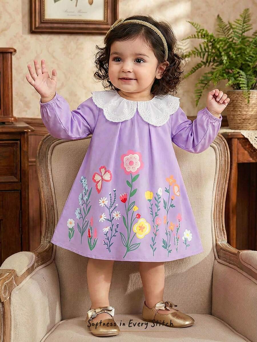 Cozy Pixies Baby Girl Embroidered Floral Print Round Collar Puff Sleeve Elegant Dress - Purple - View 1