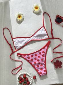 Swim Mod Women's Tropical Strawberry Print Bikini Two Pieces Bikini Set Set, Casual Holiday - Multicolor - View 2
