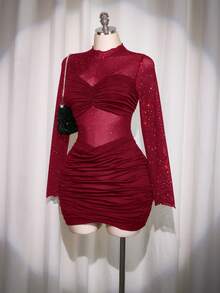 SHEIN ICON 大码女士性感夜店风黑色迷你连衣裙 - 酒紅色 - 查看 3