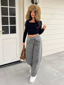 SHEIN PETITE Women's Leopard Print Patchwork Flared Leg Jeans - Grey - View 8