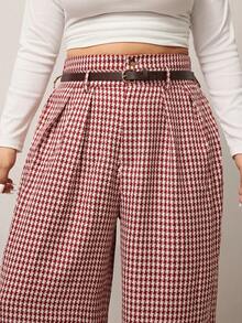 Enliva 大码复古红格子高腰阔腿裤，优雅的办公室/通勤装 - 酒紅色 - 查看 5