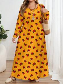 EMERY ROSE Gaun Lengan Panjang Leher Bulat Motif Bunga & Cetak, Cocok Untuk Semua Musim, Gaun Bunga Kuning untuk Karnaval - MultiWarna - View 4