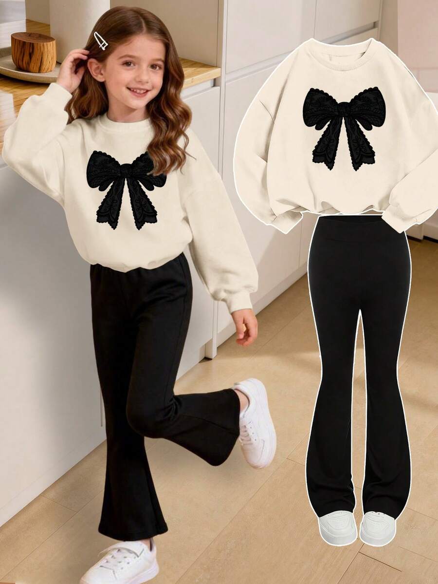 Sparklyn 2pcs/Set Tween Girl Bow Graphic Casual Loose Fit Crew Neck Long Sleeve Sweatshirt And Flare Pants Set, Suitable For Winter