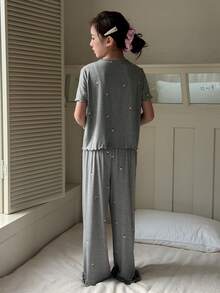 DAZY Tween Girl Floral Print Short Sleeve Button-Up Top And Pants Pajama Set - Dark Grey - View 3