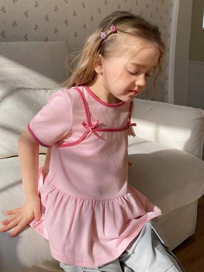 DAZY 女童可爱蝴蝶结装饰圆领短袖荷叶边下摆T恤