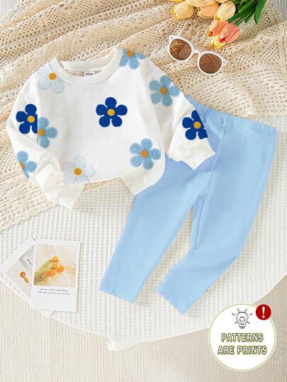 SHEIN Playful Pals 2pcs Baby Girls Casual Cute Allover Floral Print Crew Neck Sweatshirt And Leggings Set, Adorable & Sweet, Suitable For Daily & Outdoor Wear, Autumn/Winter Fall