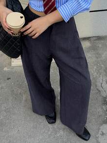 Dazy Plus 大码女式休闲褶裥侧边宽松直筒长裤 - 藏蓝色 - 查看 4