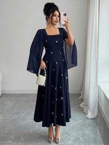 Modelyn Women's Square Neck Pleated Long Sleeve Cinched Waist A-Line Beaded Elegant Party Mid-Length Dress - Blue - View 1