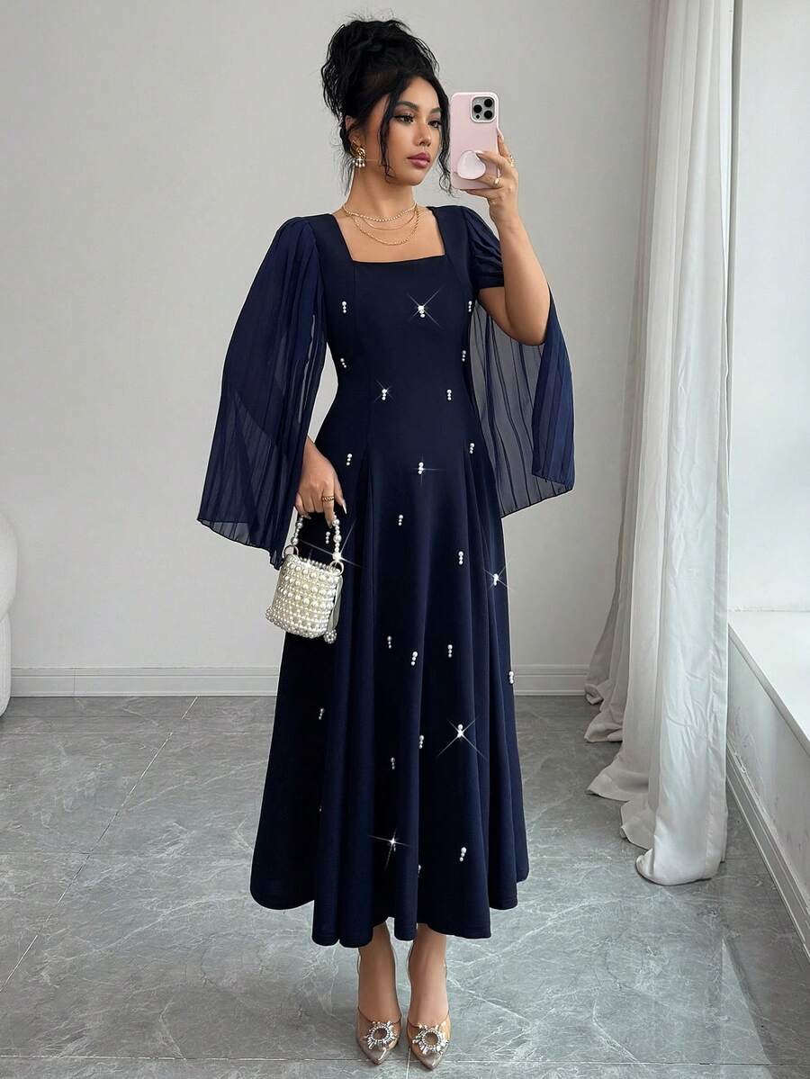 Modelyn Women's Square Neck Pleated Long Sleeve Cinched Waist A-Line Beaded Elegant Party Mid-Length Dress - Blue - View 1
