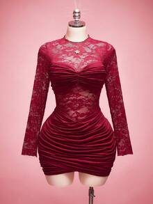 SHEIN ICON Plus Size Wine Red Lace Patchwork Sheer Ruched Long Sleeve Mini Dress Valentine's Day Outfit