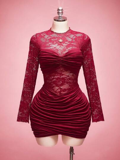 SHEIN ICON Plus Size Wine Red Lace Patchwork Sheer Ruched Long Sleeve Mini Dress Valentine's Day Outfit