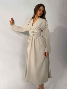 Aloruh Linen Color Khaki Long Sleeve Waist Cinched Midi Dress, Business/Commute Elegant Dress,Graduation Dress Women,Casual Women's Dresses,Country Concert Outfit,Office Wear Women,Work Outfits For Women,Long Dress,Suitable For Spring And Autumn - Khaki - View 5