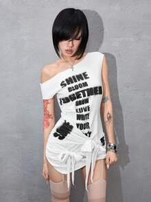 ROMWE Y2K 前卫吸睛的系带半透明性感不对称肩部女士迷你连衣裙 - 白色 - 查看 1