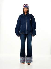 BABYPHAT Chaqueta vaquera oversize con estampado de logo y cierre con cremallera para moda casual de calle en invierno y otoño - Azul Marino - Ver 4