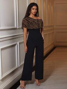 Eryvara 女士优雅通勤连体裤，饰有金色箔片拼接不对称肩部设计 - 黑色 - 查看 5